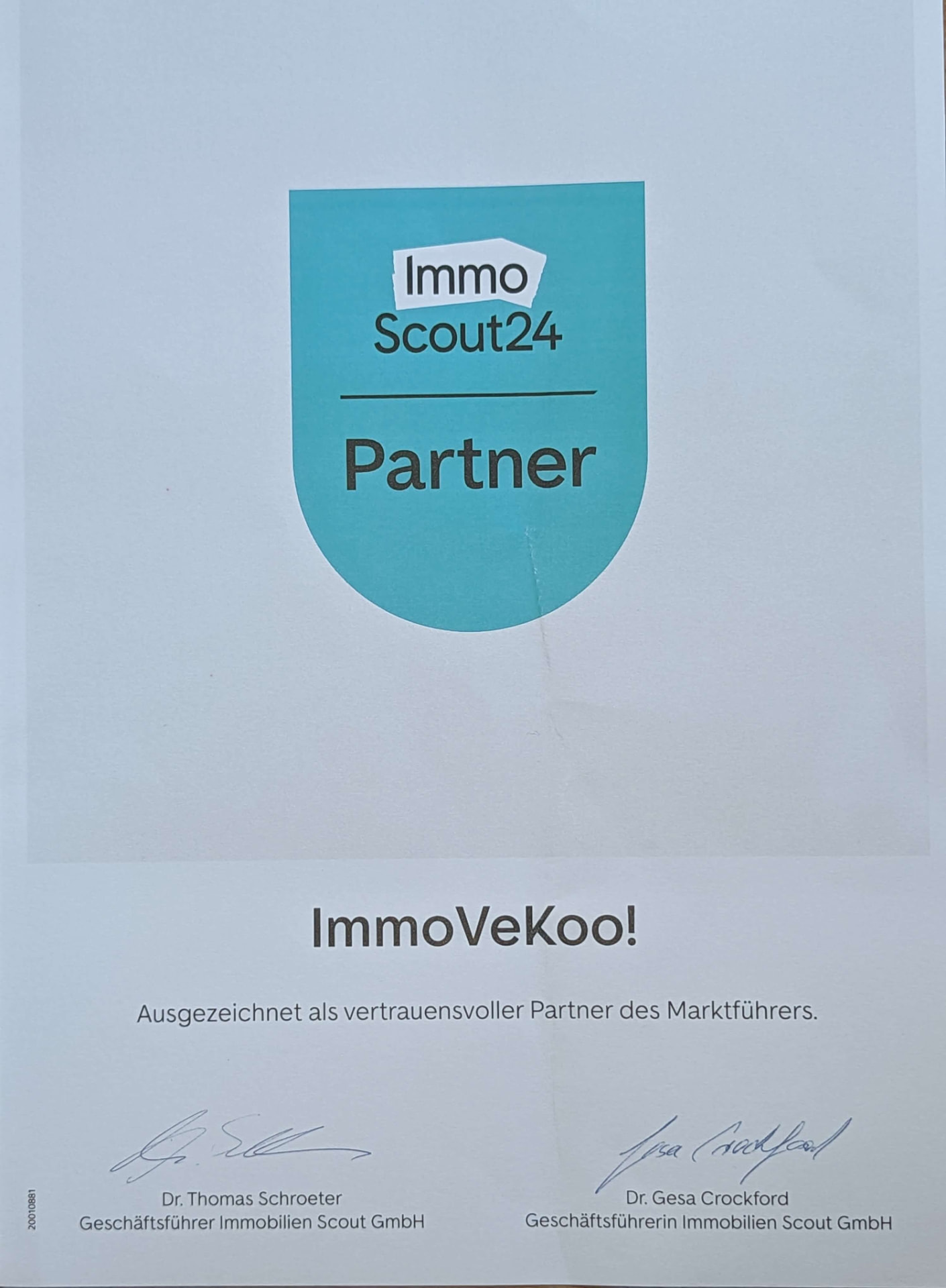 ImmoScout24-Urkunde: ImmoVeKoo! als vertrauensvoller Partner ausgezeichnet
