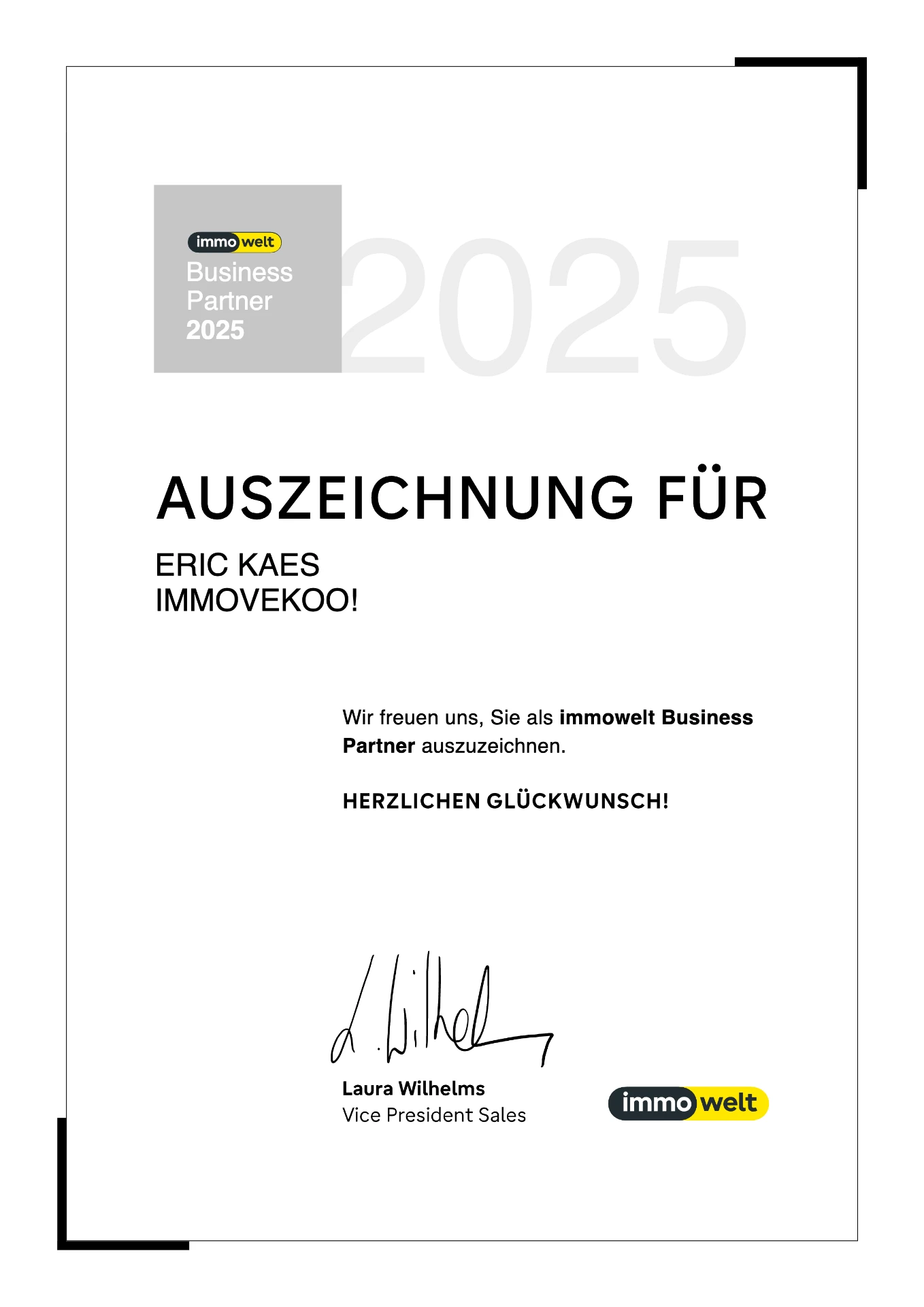 immowelt-Urkunde: Business Partner 2025 für Eric Kaes, ImmoVeKoo!